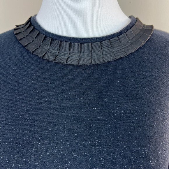 French Connection Mini Dress 6 Navy Black Metallic Shift Bell Elbow Sleeve - Picture 7 of 9